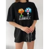 Bisiklet Yaka Baskılı Oversize T-shirt - Siyah