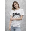 Bisiklet Yaka Ön Baskılı Kısa Kollu Tişört Streetwear Günlük Basic Pamuklu T-shirt - Beyaz