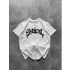 Bisiklet Yaka Ön Baskılı Kısa Kollu Tişört Streetwear Günlük Basic Pamuklu T-shirt - Beyaz