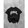 Bisiklet Yaka Ön Baskılı  Kısa Kollu Tişört Streetwear Günlük Basic Pamuklu T-shirt - Siyah