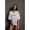Bisiklet Yakalı Sırt Baskılı Oversize T-shirt - Beyaz