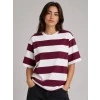 Çizgili Oversize Tişört Bisiklet Yaka Kısa Kol Yazlık T-shirt - Bordo