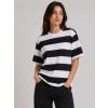 Çizgili Oversize Tişört Bisiklet Yaka Kısa Kol Yazlık T-shirt - Siyah