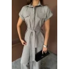 Çizgili Polyviskon Bluz - Pantolon Takım - Gri