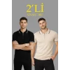 Erkek 2’li Paket Dokuma Triko  Fermuarlı Yakalı Fitilli Kısa Kollu Regular Fit Tişört - Bej - Siyah