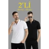 Erkek 2’li Paket Triko Yakalı Düğmesiz Açık Yaka Fitilli Kısa Kollu Regular Fit Tişört - Beyaz - Siyah