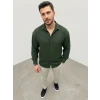 Erkek Aerobin Kumaş Oversize 4 Mevsim Uzun Kollu Rahat Kalıp Gömlek - Haki