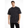 Erkek Asit Yıkama Bisiklet Yaka Kısa Kollu Oversize T-shirt Tişört - Siyah
