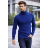Erkek Balıkcı Yaka Bağazlı Triko Kazak Pamuklu Kalın Fitilli Dokuma, Regular Fit Uzun Kollu Kışlık Model - İndigo