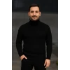 Erkek Balıkcı Yaka Bağazlı Triko Kazak Pamuklu Kalın Fitilli Dokuma, Regular Fit Uzun Kollu Kışlık Model - Siyah