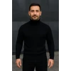 Erkek Balıkcı Yaka Bağazlı Triko Kazak Pamuklu Kalın Fitilli Dokuma, Regular Fit Uzun Kollu Kışlık Model - Siyah