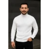 Erkek Balıkcı Yaka Bağazlı Triko Kazak Pamuklu Kalın Fitilli Dokuma, Regular Fit Uzun Kollu Kışlık Model - Beyaz
