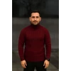Erkek Balıkcı Yaka Bağazlı Triko Kazak Pamuklu Kalın Fitilli Dokuma, Regular Fit Uzun Kollu Kışlık Model - Bordo