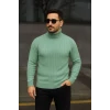 Erkek Balıkcı Yaka Bağazlı Triko Kazak Pamuklu Kalın Fitilli Dokuma, Regular Fit Uzun Kollu Kışlık Model - Mint Yeşili