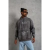 Erkek Baskılı Kapüşonlu Ribanalı Sweat - Gri