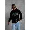 Erkek Baskılı Kapüşonlu Sweatshirt - Siyah