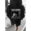 Erkek Baskılı Kapüşonlu Ve Kordon İpli Sweat - Siyah
