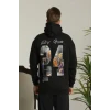 Erkek Baskılı Oversize Üç İplik Kapüşonlu Sweatshirt - Siyah