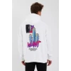 Erkek Baskılı Üç İplik Kapüşonlu Oversize Sweatshirt - Beyaz