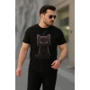 Erkek Bisiklet Yaka Kedi Baskılı Süprem T-shirt