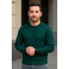 Erkek Bisiklet Yuvarlak Yaka Triko Kazak Pamuklu Kalın Fitilli Dokuma, Regular Fit Uzun Kollu Kışlık Model - Haki