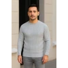 Erkek Bisiklet Yuvarlak Yaka Triko Kazak Pamuklu Kalın Fitilli Dokuma, Regular Fit Uzun Kollu Kışlık Model - Gri