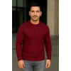 Erkek Bisiklet Yuvarlak Yaka Triko Kazak Pamuklu Kalın Fitilli Dokuma, Regular Fit Uzun Kollu Kışlık Model - Bordo