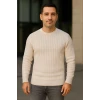 Erkek Bisiklet Yuvarlak Yaka Triko Kazak Pamuklu Kalın Fitilli Dokuma, Regular Fit Uzun Kollu Kışlık Model - Bej