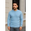 Erkek Bisiklet Yuvarlak Yaka Triko Kazak Pamuklu Kalın Fitilli Dokuma, Regular Fit Uzun Kollu Kışlık Model - Bebe Mavisi
