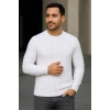 Erkek Bisiklet Yuvarlak Yaka Triko Kazak Pamuklu Kalın Fitilli Dokuma, Regular Fit Uzun Kollu Kışlık Model - Beyaz