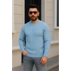 Erkek Bisiklet Yuvarlak Yaka Triko Kazak Pamuklu Kalın Fitilli Dokuma, Regular Fit Uzun Kollu Kışlık Model - Bebe Mavisi