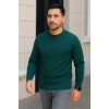 Erkek Bisiklet Yuvarlak Yaka Triko Kazak Pamuklu Kalın Fitilli Dokuma, Regular Fit Uzun Kollu Kışlık Model - Haki