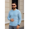 Erkek Bisiklet Yuvarlak Yaka Triko Kazak Pamuklu Kalın Fitilli Dokuma, Regular Fit Uzun Kollu Kışlık Model - Bebe Mavisi