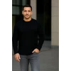 Erkek Bisiklet Yuvarlak Yaka Triko Kazak Pamuklu Kalın Fitilli Dokuma, Regular Fit Uzun Kollu Kışlık Model - Siyah