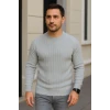Erkek Bisiklet Yuvarlak Yaka Triko Kazak Pamuklu Kalın Fitilli Dokuma, Regular Fit Uzun Kollu Kışlık Model - Gri