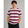 Erkek Çizgili Oversize Tişört Bisiklet Yaka Kısa Kol Yazlık T-shirt - Bordo