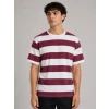 Erkek Çizgili Oversize Tişört Bisiklet Yaka Kısa Kol Yazlık T-shirt - Bordo