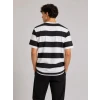 Erkek Çizgili Oversize Tişört Bisiklet Yaka Kısa Kol Yazlık T-shirt - Siyah