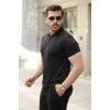 Erkek Deri Panel Detaylı Fermuar Yakalı Kısa Kollu Tişört