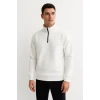 Erkek Dik Yaka Sweatshirt Dik Yaka Yarım Fermuarlı 3 İplik Şardonlu Pamuk Kumaş - Beyaz