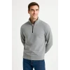 Erkek Dik Yaka Sweatshirt Dik Yaka Yarım Fermuarlı 3 İplik Şardonlu Pamuk Kumaş - Gri