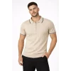 Erkek Fermuarlı Yaka Fitilli Triko Kısa Kollu Regular Fit Tişört T-shirt - Bej