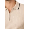 Erkek Fermuarlı Yaka Fitilli Triko Kısa Kollu Regular Fit Tişört T-shirt - Bej