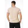 Erkek Fermuarlı Yaka Fitilli Triko Kısa Kollu Regular Fit Tişört T-shirt - Bej
