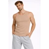 Erkek Fitilli Atlet Sıfır Yaka Slim Fit Arka Baskılı Spor Atlet - Bej