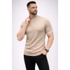 Erkek Fitilli Triko Dokuma Kısa Kol Tişört Yarım Boğaz Modern Yazlık T-shirt - Bej