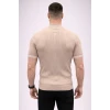 Erkek Fitilli Triko Dokuma Kısa Kol Tişört Yarım Boğaz Modern Yazlık T-shirt - Bej
