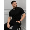 Erkek Fitilli Triko Dokuma Kısa Kol Tişört Yarım Boğaz Modern Yazlık T-shirt - Siyah