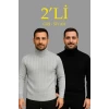 Erkek Fitilli Triko Kazak 2li Set Gri Siyah Regular Balıkcı Yaka Tam Boğazlı Triko Seti Modeli Kazak