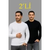 Erkek Fitilli Triko Kazak 2’li Set – Siyah - Beyaz, Kalın Dokuma Pamuklu Regular Fit Bisiklet Yaka Uzun Kollu Rahat Kışlık Kazak Kombini